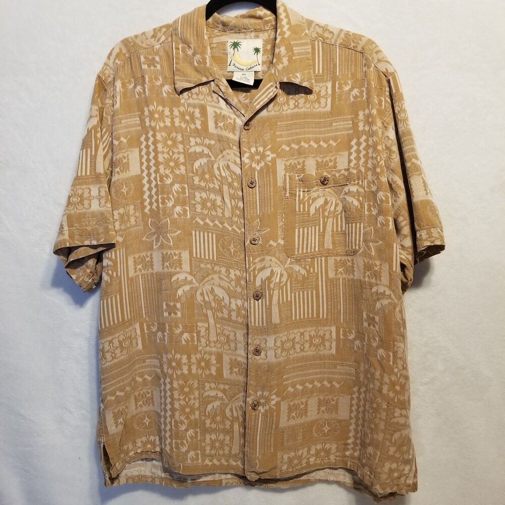Banana Cabana L Shirt 100% Silk Tan Damask Palm Tree Hawaiian Resort Vintage